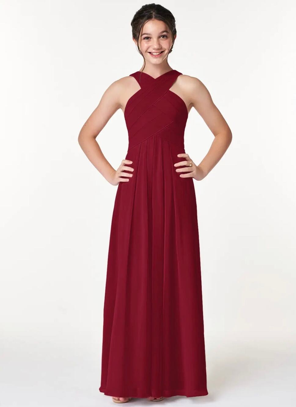 Azazie Kaleigh Junior A-Line Pleated Chiffon Bridesmaid Dress in Burgundy J6